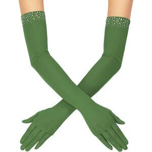 Women's Sexy Pearl Beaded Dark Green Long Gloves Tulle Mesh Wedding Party Prom